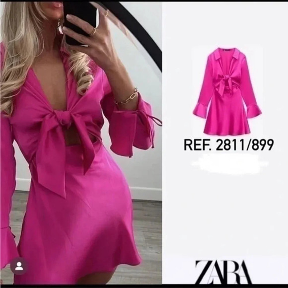 Zara Satin Effect Long Sleeve Ruffle Cuff Lapel Collar Mini Dress Fushia Pink Sm - Picture 4 of 11